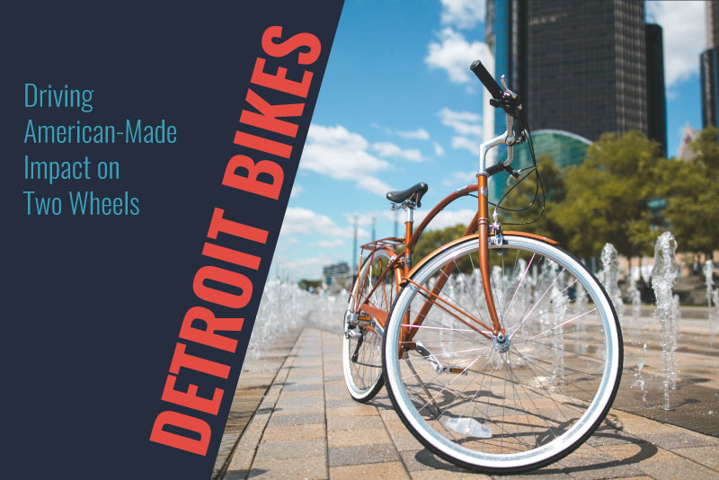Detroit Bikes bike parked in front of Renaissance Center near fountains