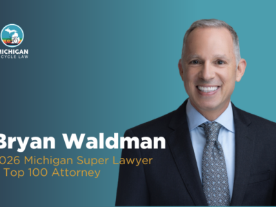 Michigan Bicycle Law attorney Bryan Waldman recognized as a 2026 Michigan Super Lawyer and Top 100 attorney in Michigan.
